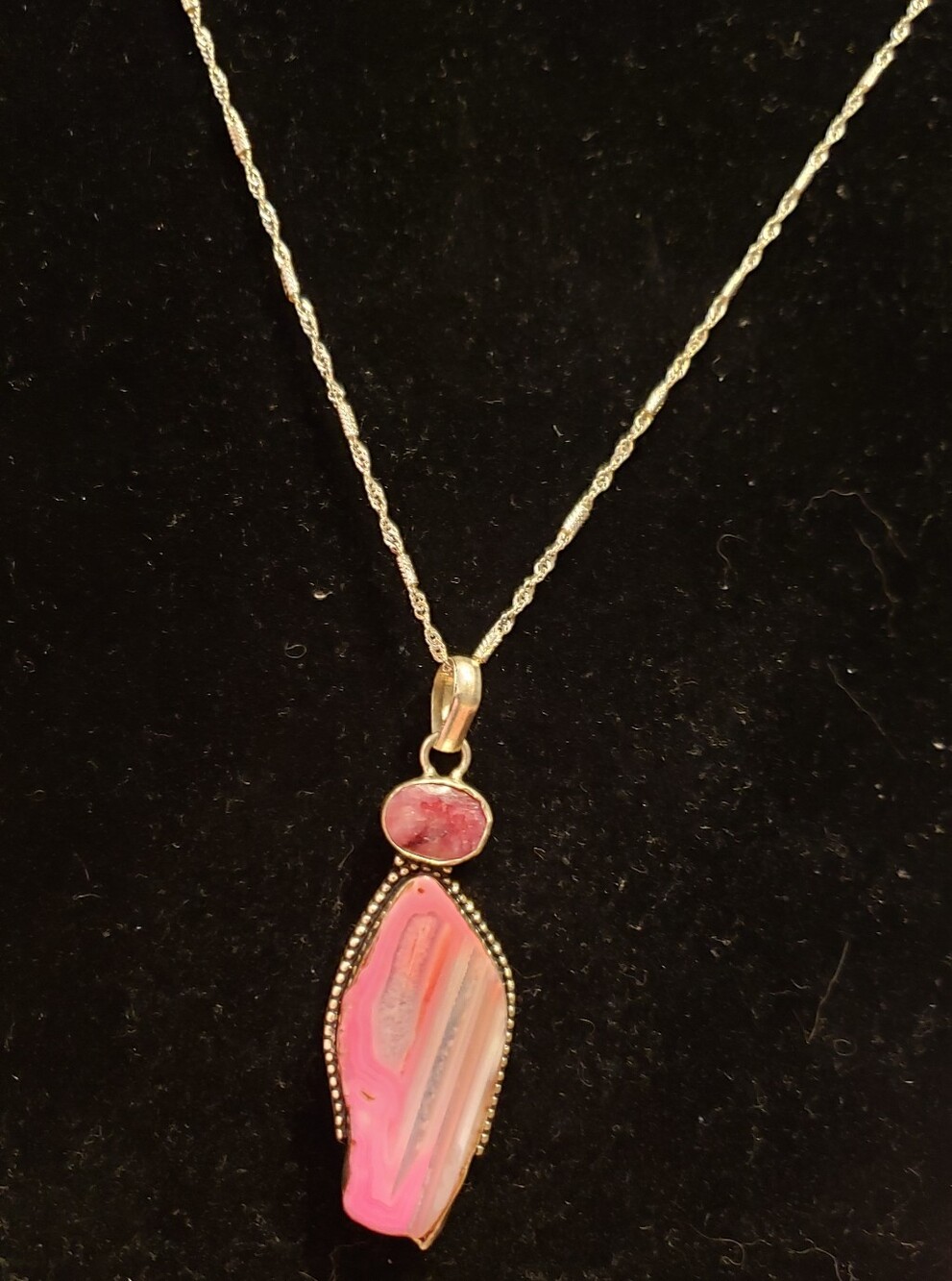 NEW Cherry Ruby (Genuine)& Agate Set In Sterling Pendant On Long Sterling Chain.